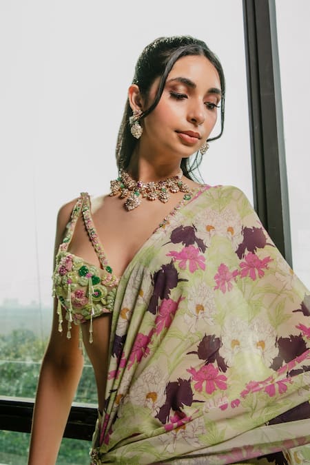 Ria Shah Label Floral Printed Pre-Draped Ruffle Saree With Blouse 