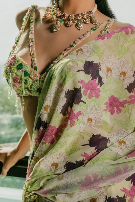 Ria Shah Label_Green Polyester Crystals, Floral Printed Pre-draped Ruffle Saree With Blouse _Online_at_Aza_Fashions