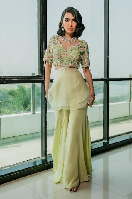 RIA SHAH LABEL Green Organza Embroidered Cutdana V Neck Floral Top And Sharara Set 