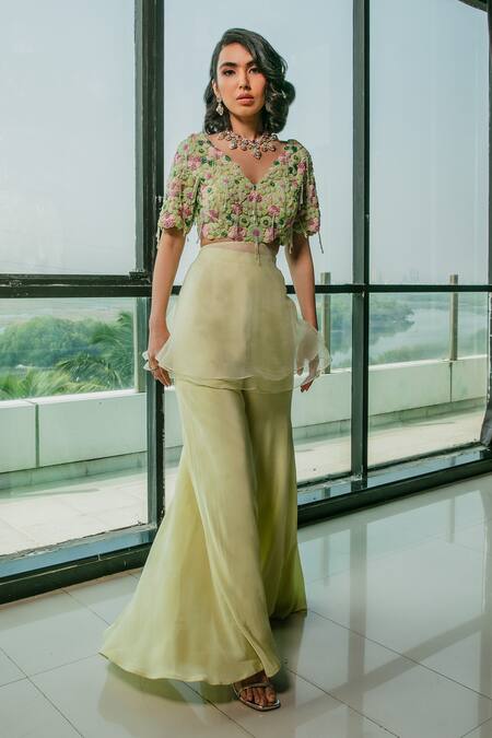 Ria Shah Label_Green Organza, Crepe, Linen Cut Work, Embroidery, Floral Top And Sharara Set _Online_at_Aza_Fashions