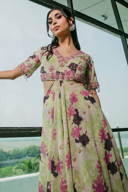 Ria Shah Label Cut Out Floral Print Anarkali & Flared Pant Set 