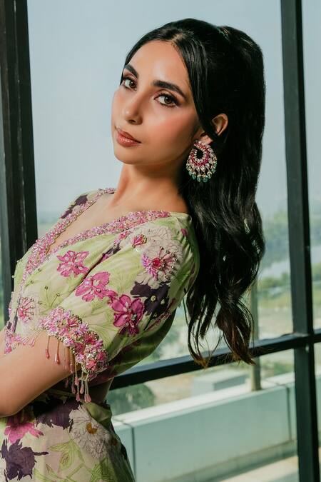 Ria Shah Label Green Polyester, Georgette, Cut Out Floral Print Anarkali And Flared Pant Set Online at Aza Fashions Ria Shah Label_Green Polyester, Georgette, Cut Out Floral Print Anarkali And Flared Pant Set _Online_at_Aza_Fashions