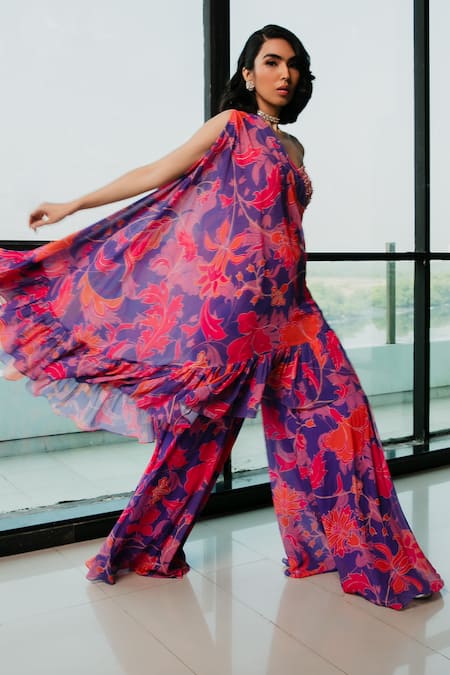 RIA SHAH LABEL Floral Printed Asymmetric Cape Sharara Set 