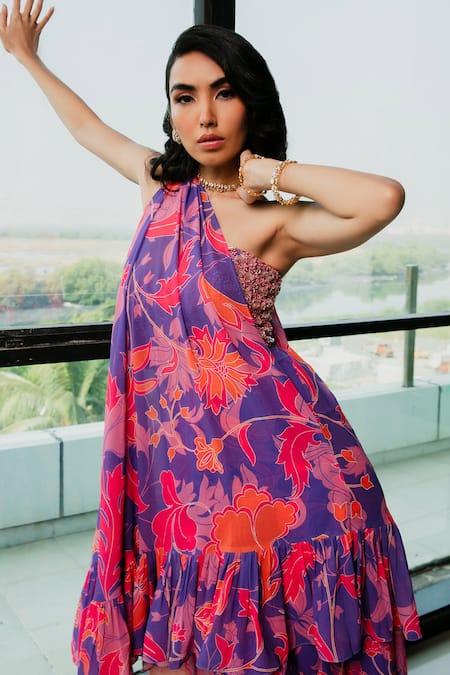 Ria Shah Label Floral Printed Asymmetric Cape Sharara Set 