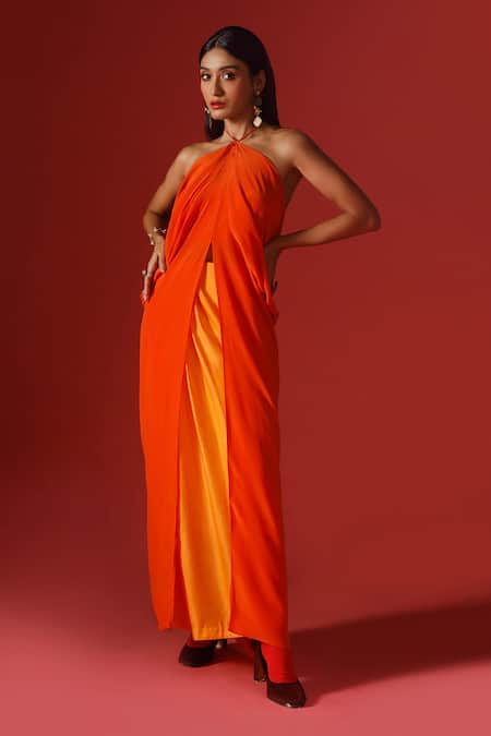 Shop_Megha Garg_Orange Organza, Crepe Sequins Halter Neck, Open Hand Embroidered Jacket Pant Set 