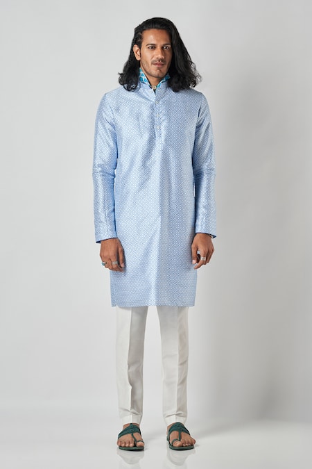 Bubber Blu_White Polyester Embroidery Diamond Jaal Print Kurta _Online_at_Aza_Fashions