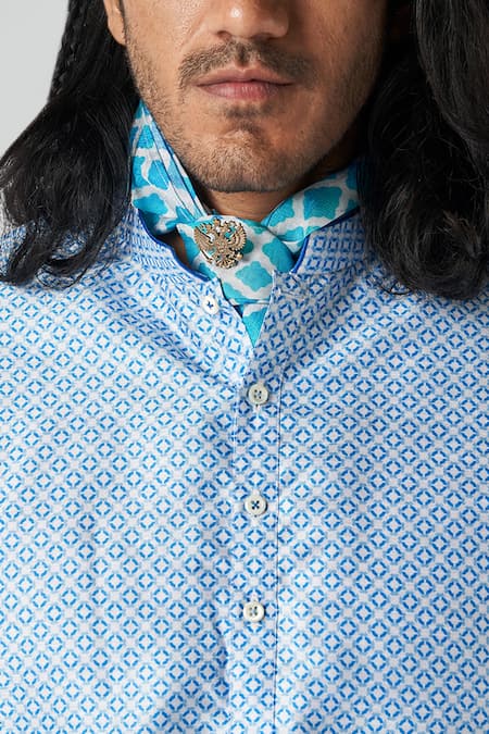 Buy_Bubber Blu_White Polyester Embroidery Diamond Jaal Print Kurta _Online_at_Aza_Fashions