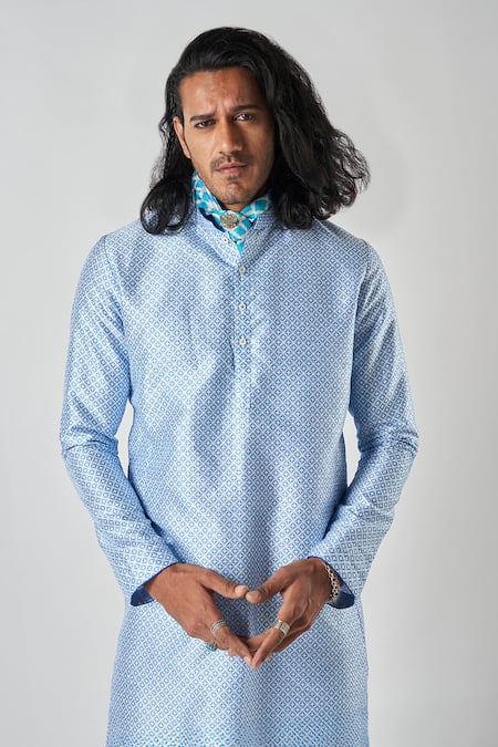 Shop_Bubber Blu_White Polyester Embroidery Diamond Jaal Print Kurta _Online_at_Aza_Fashions