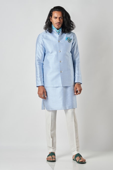 Bubber Blu_Blue Polyester Embroidery Diamond Jaal Print Sleeveless Bundi _Online_at_Aza_Fashions