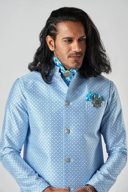 Buy_Bubber Blu_Blue Polyester Embroidery Diamond Jaal Print Sleeveless Bundi _Online_at_Aza_Fashions