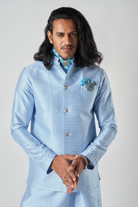 Shop_Bubber Blu_Blue Polyester Embroidery Diamond Jaal Print Sleeveless Bundi _Online_at_Aza_Fashions