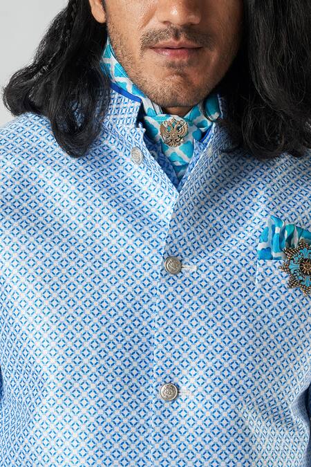 Bubber Blu_Blue Polyester Embroidery Diamond Jaal Print Sleeveless Bundi _at_Aza_Fashions