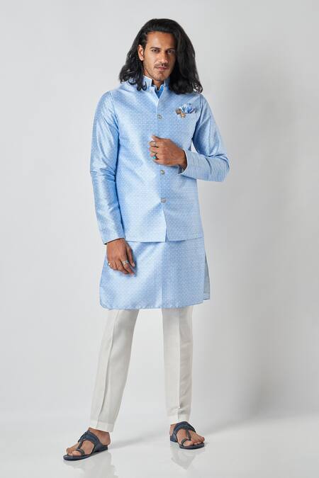 Bubber Blu_Blue Polyester Sleeveless Florin Jaal Print Bundi _Online_at_Aza_Fashions