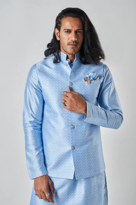 Buy_Bubber Blu_Blue Polyester Sleeveless Florin Jaal Print Bundi _Online_at_Aza_Fashions