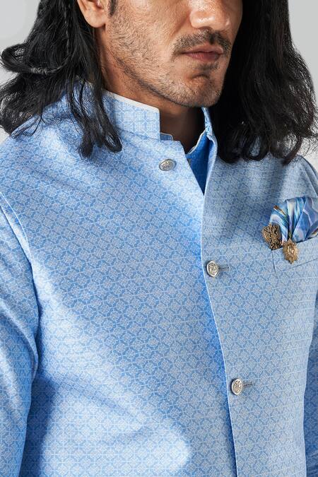 Shop_Bubber Blu_Blue Polyester Sleeveless Florin Jaal Print Bundi _Online_at_Aza_Fashions