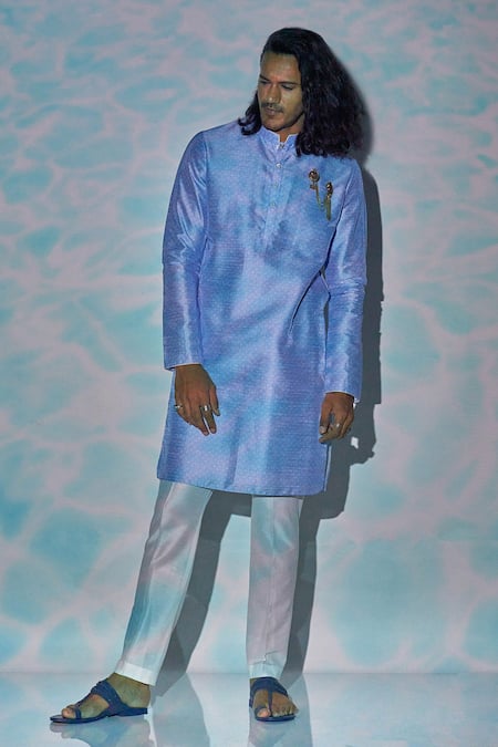 Bubber Blu_Blue Polyester Florin Jaal Print Kurta _Online_at_Aza_Fashions