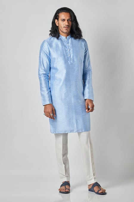 Shop_Bubber Blu_Blue Polyester Florin Jaal Print Kurta _Online_at_Aza_Fashions