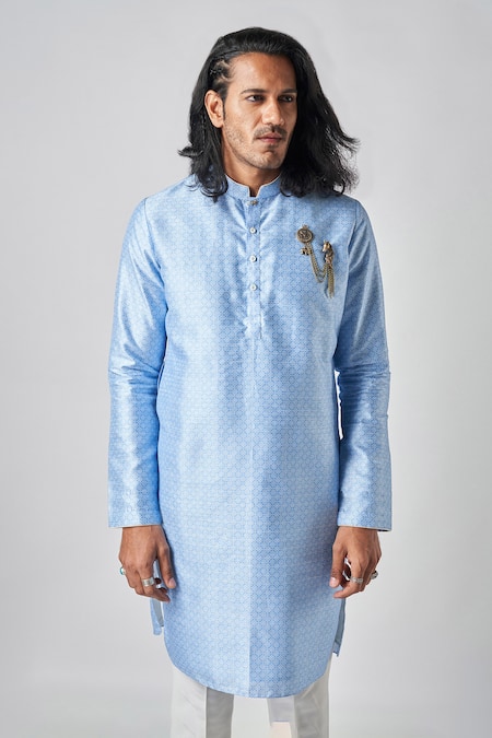 Bubber Blu_Blue Polyester Florin Jaal Print Kurta _at_Aza_Fashions