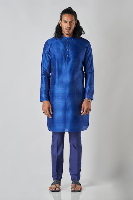 Bubber Blu_Blue Polyester Geometric Flora Print Kurta _Online_at_Aza_Fashions