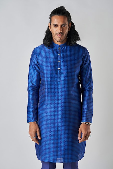 Buy_Bubber Blu_Blue Polyester Geometric Flora Print Kurta _Online_at_Aza_Fashions