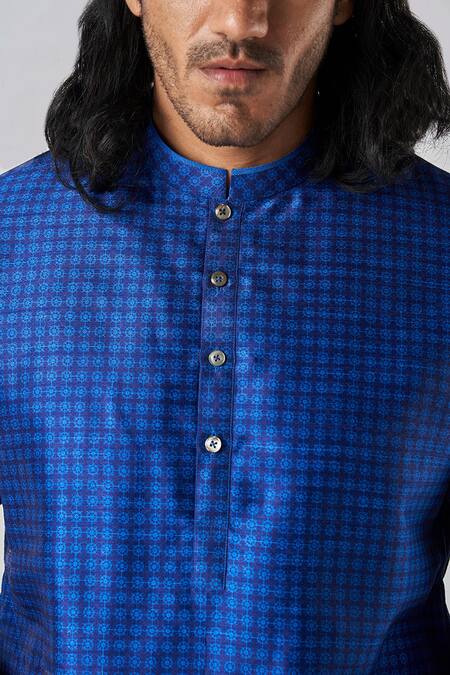 Shop_Bubber Blu_Blue Polyester Geometric Flora Print Kurta _Online_at_Aza_Fashions