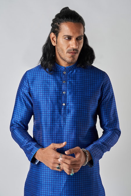 Bubber Blu_Blue Polyester Geometric Flora Print Kurta _at_Aza_Fashions