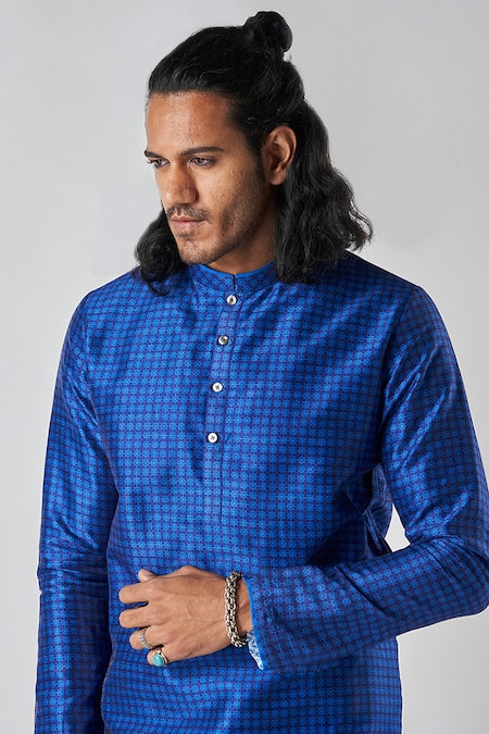 Buy_Bubber Blu_Blue Polyester Geometric Flora Print Kurta 