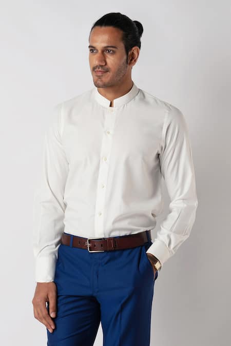 Bubber Blu_Off White Polyester Plain Chinese Collar Shirt _Online_at_Aza_Fashions