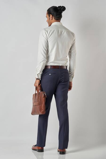 Shop_Bubber Blu_Off White Poly Silk Plain Button Down Shirt_at_Aza_Fashions
