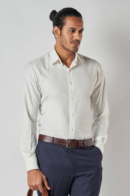 Buy_Bubber Blu_Off White Poly Silk Plain Button Down Shirt_Online_at_Aza_Fashions