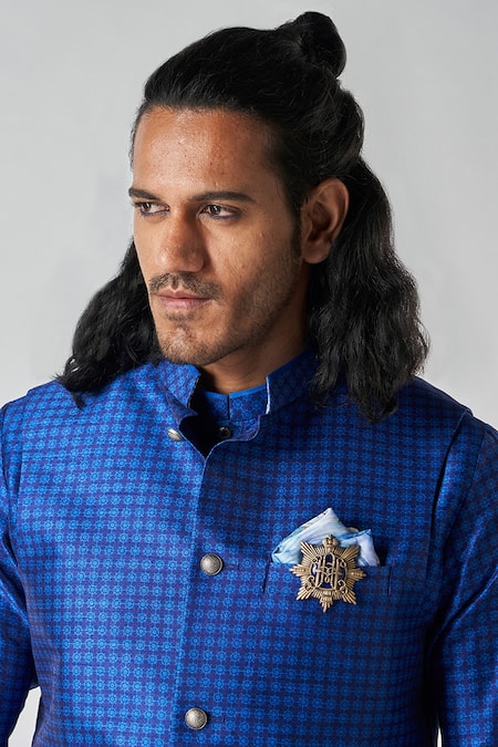 Shop_Bubber Blu_Blue Polyester Brooches Bloom Jaal Print Sleeveless Bundi _Online_at_Aza_Fashions