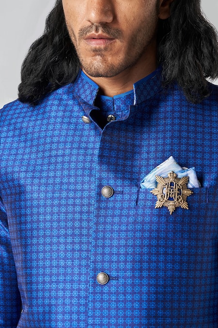 Bubber Blu_Blue Polyester Brooches Bloom Jaal Print Sleeveless Bundi _at_Aza_Fashions