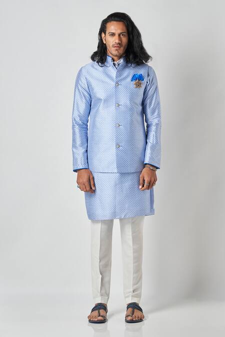 Bubber Blu_Blue Polyester Brooches, Embroidery Floral Motif Jaal Print Bundi _Online_at_Aza_Fashions