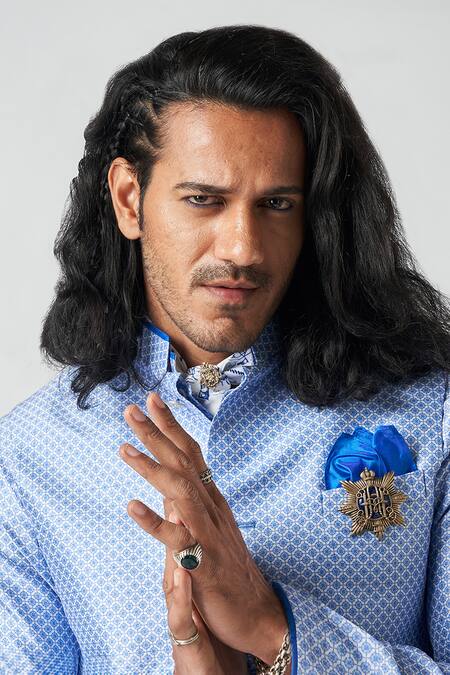 Bubber Blu_Blue Polyester Brooches, Embroidery Floral Motif Jaal Print Bundi _at_Aza_Fashions