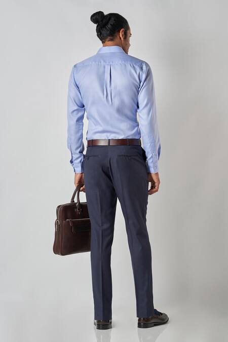 Shop_Bubber Blu_Blue Poly Silk Solid Button Down Shirt_at_Aza_Fashions