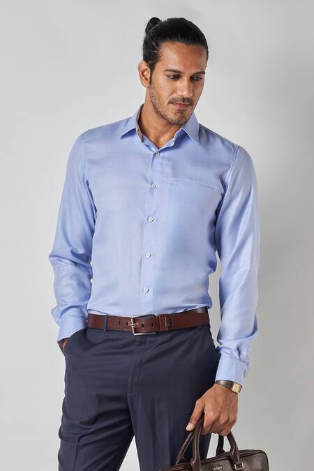 Buy_Bubber Blu_Blue Poly Silk Solid Button Down Shirt_Online_at_Aza_Fashions