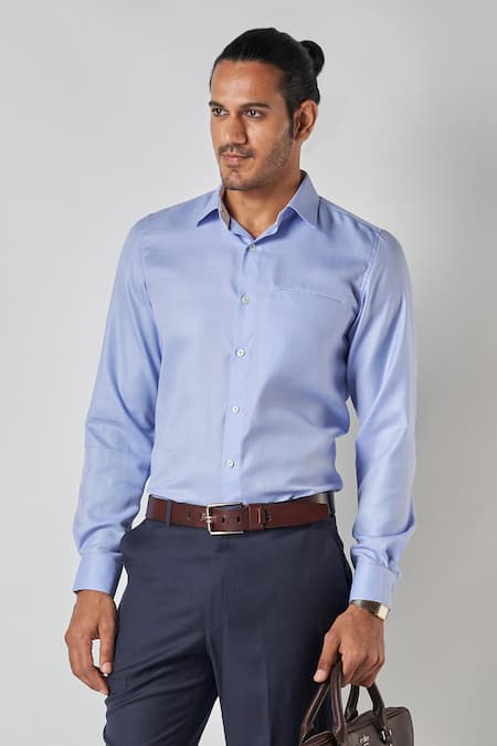 Shop_Bubber Blu_Blue Poly Silk Solid Button Down Shirt_Online_at_Aza_Fashions