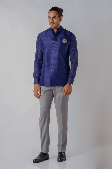 Bubber Blu_Blue Polyester Brooches Solid Sleeveless Bundi _Online_at_Aza_Fashions