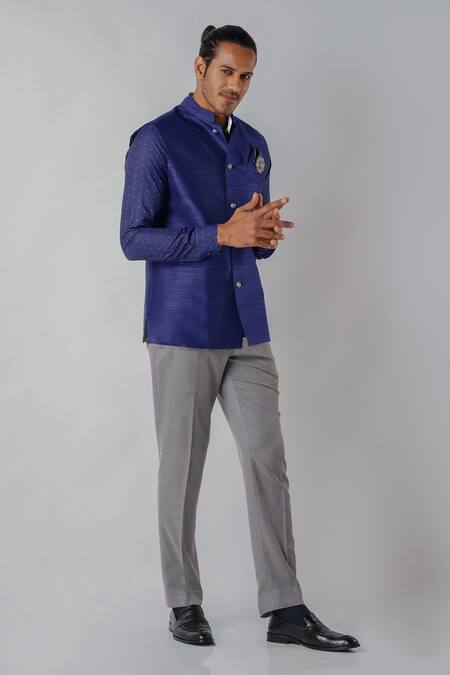 Buy_Bubber Blu_Blue Polyester Brooches Solid Sleeveless Bundi _Online_at_Aza_Fashions