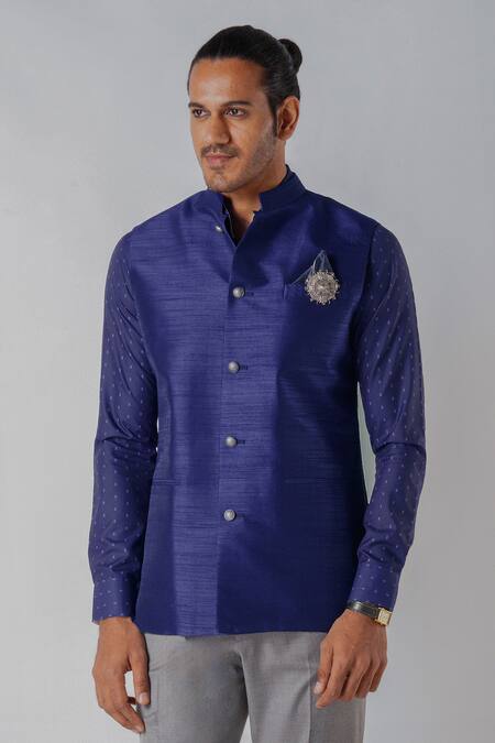 Shop_Bubber Blu_Blue Polyester Brooches Solid Sleeveless Bundi _Online_at_Aza_Fashions