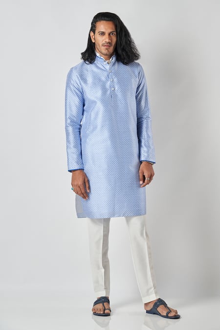 Bubber Blu White Poly Silk Print Blossom Jaal Kurta 