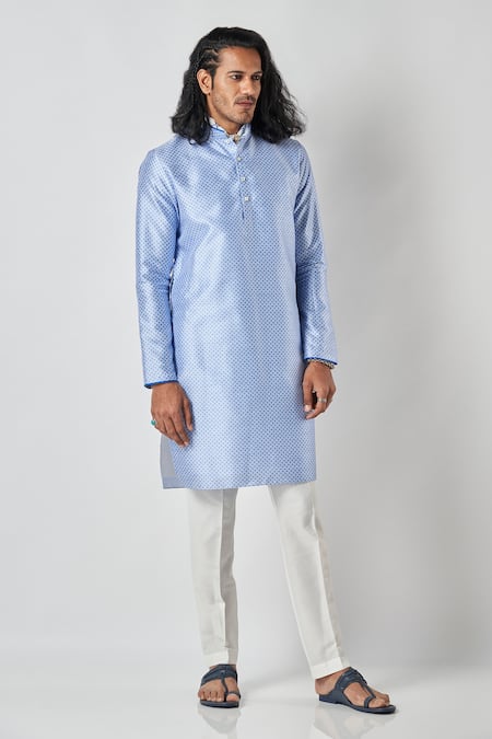 Bubber Blu_White Polyester, Silk Embroidery Blossom Jaal Print Kurta _Online_at_Aza_Fashions