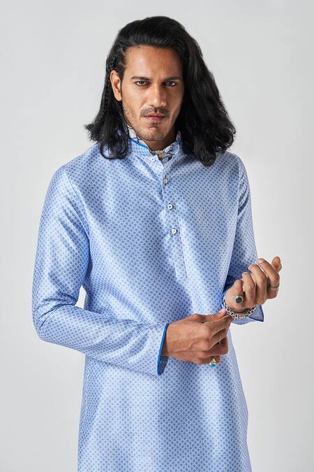 Buy_Bubber Blu_White Polyester, Silk Embroidery Blossom Jaal Print Kurta _Online_at_Aza_Fashions