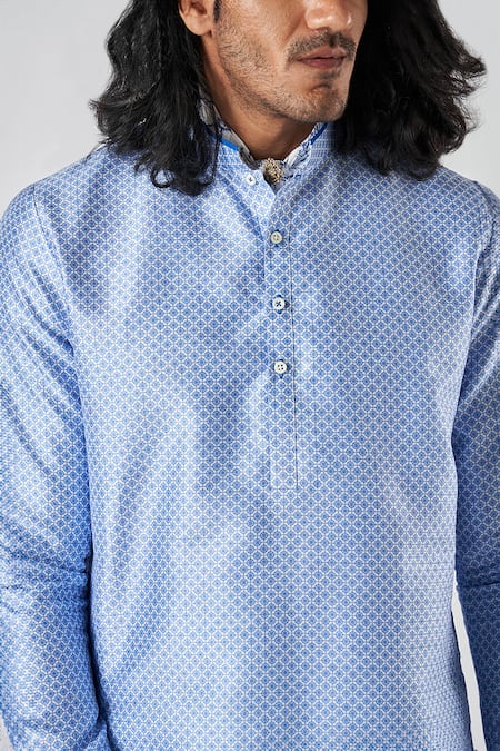 Shop_Bubber Blu_White Polyester, Silk Embroidery Blossom Jaal Print Kurta _Online_at_Aza_Fashions