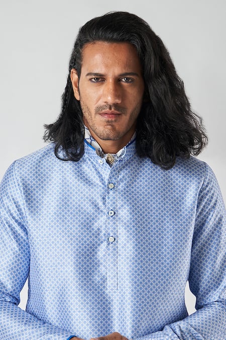 Bubber Blu_White Polyester, Silk Embroidery Blossom Jaal Print Kurta _at_Aza_Fashions