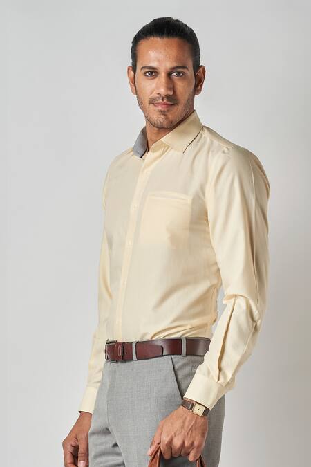Shop_Bubber Blu_Yellow Polyester, Silk Solid Button Down Collared Shirt _Online_at_Aza_Fashions