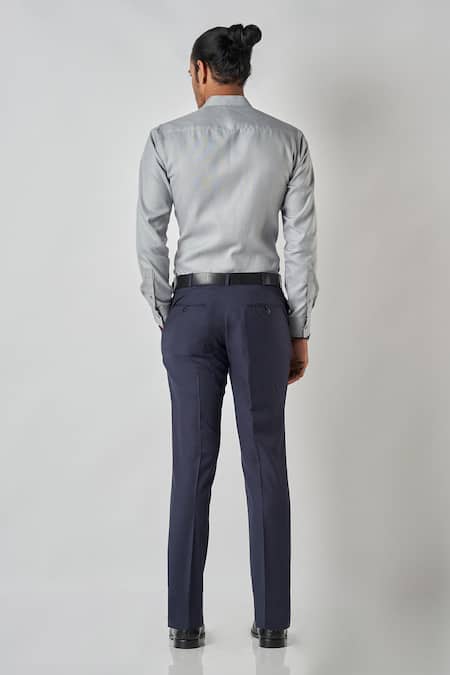 Shop Bubber Blu Grey Polyester, Silk Plain Chinese Collar Shirt at Aza Fashions Shop_Bubber Blu_Grey Polyester, Silk Plain Chinese Collar Shirt _at_Aza_Fashions