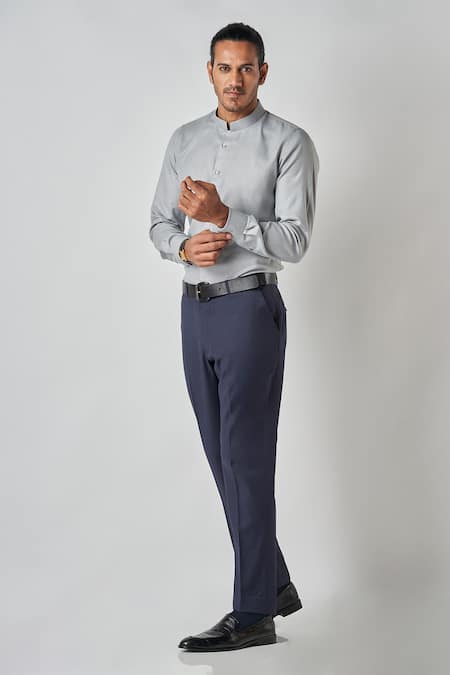 Bubber Blu Grey Polyester, Silk Plain Chinese Collar Shirt Online at Aza Fashions Bubber Blu_Grey Polyester, Silk Plain Chinese Collar Shirt _Online_at_Aza_Fashions