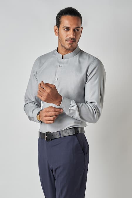 Buy Bubber Blu Grey Polyester, Silk Plain Chinese Collar Shirt Online at Aza Fashions Buy_Bubber Blu_Grey Polyester, Silk Plain Chinese Collar Shirt _Online_at_Aza_Fashions