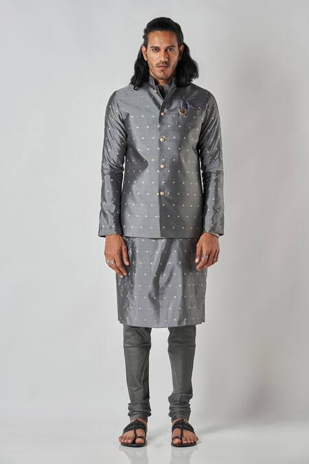 Bubber Blu_Gray Polyester Embroidery Butti Woven Grey Bundi _Online_at_Aza_Fashions
